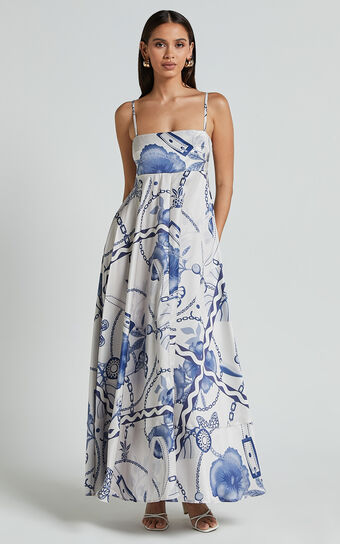 Yasmine Midi Dress - Straight Neck Sleeveless A Line Dress in Blue and White Porcelain Print