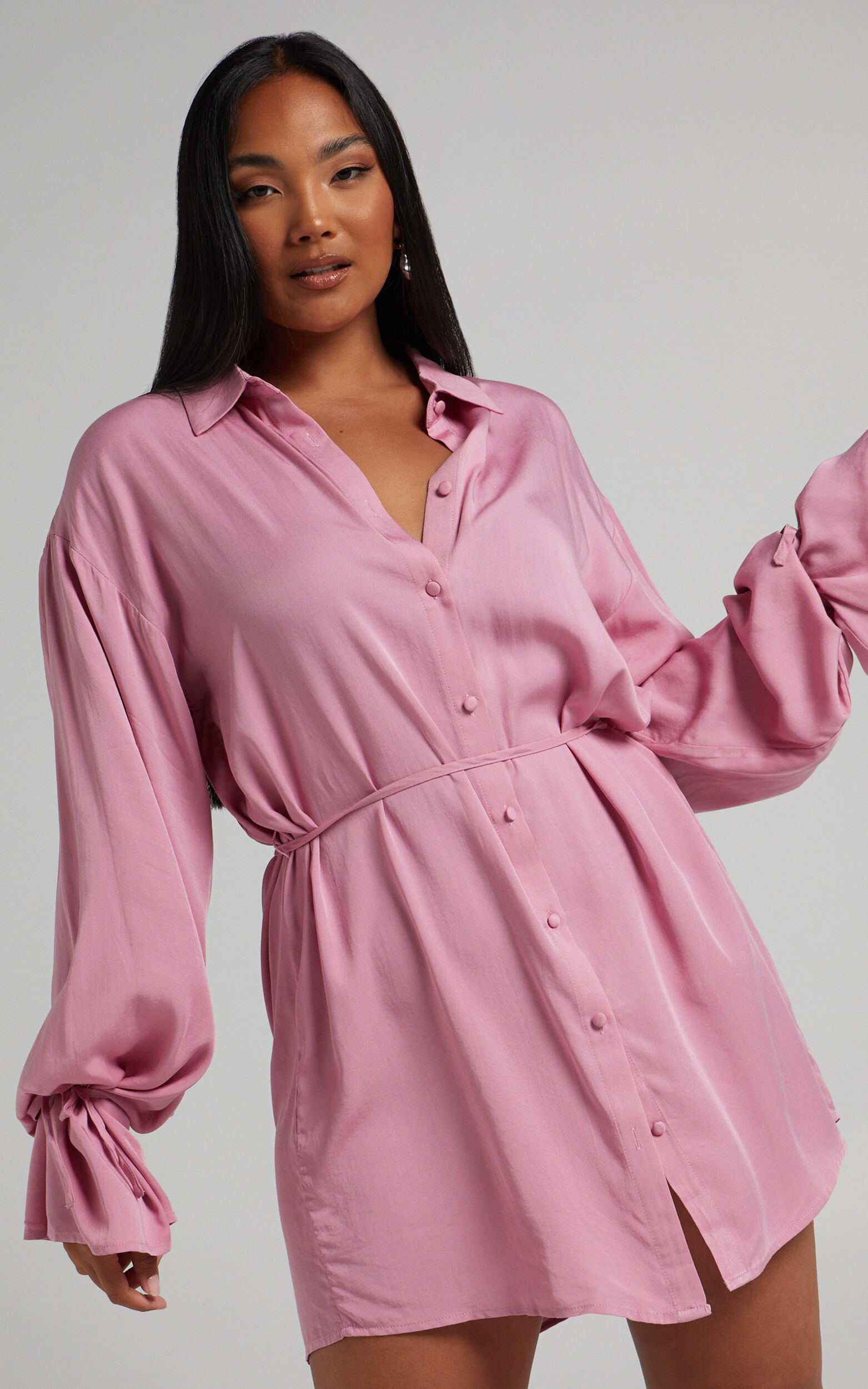 Wynter Mini Dress - Waist Tie Shirt Dress in Pink - 06, PNK2