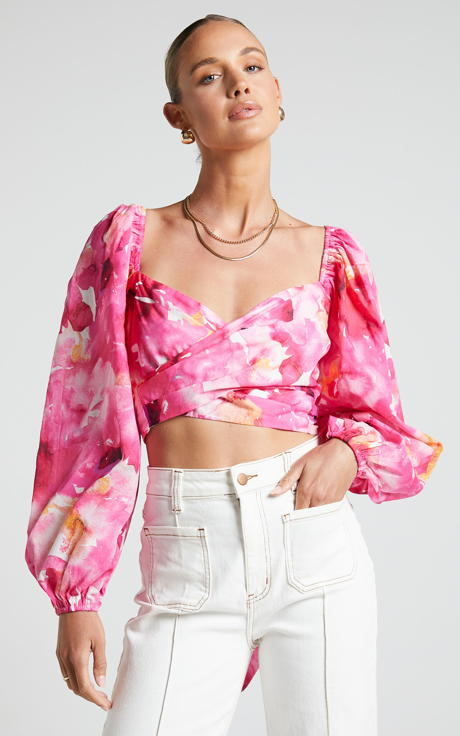 Shairah Top - Long Sleeve Tie Back Wrap Crop Top in Sunset Rainbows - 04, PNK1