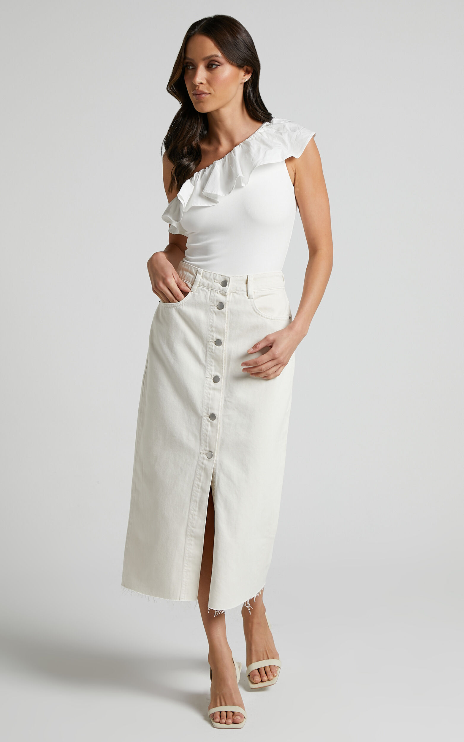 Ecru denim midi sales skirt