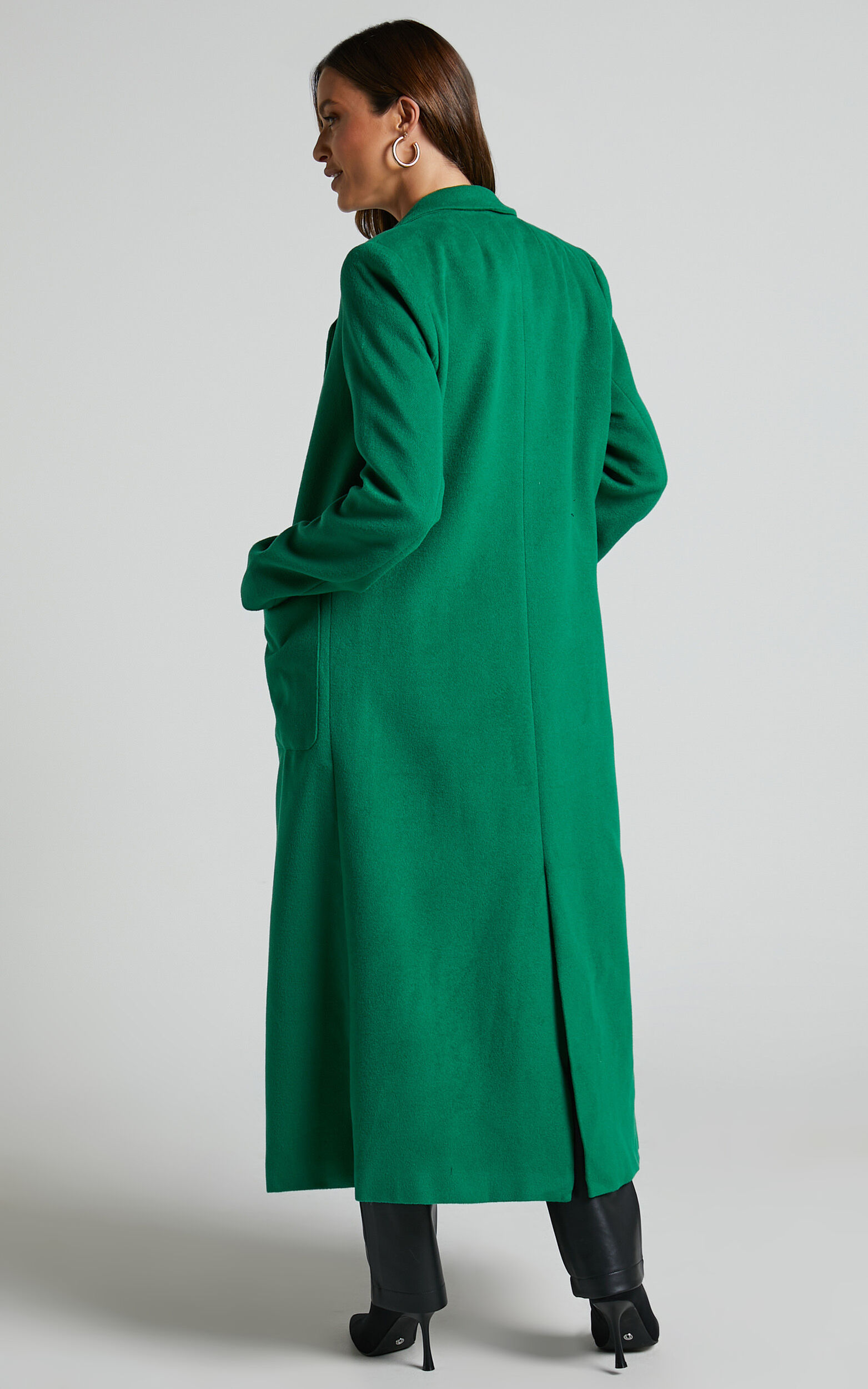 Jaya Coat - Double Breasted Collared Longline Coat in Green | Showpo