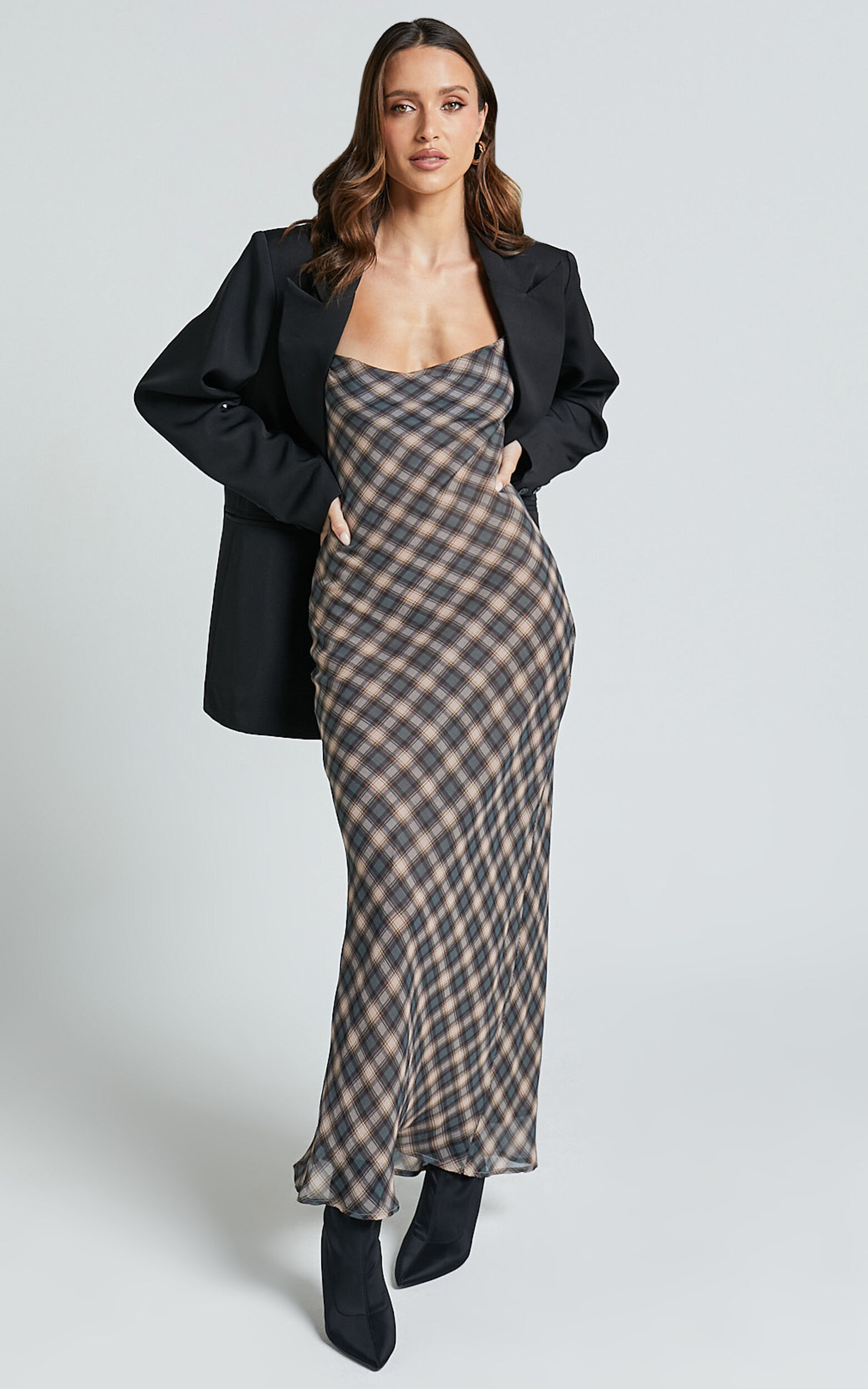 Celeste Midi Dress - Strappy Cowl Neck Slip Dress in Multi Check - 06, MLT1