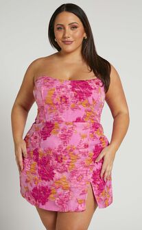 Brailey Mini Dress - Strapless Dress in Pink Jacquard