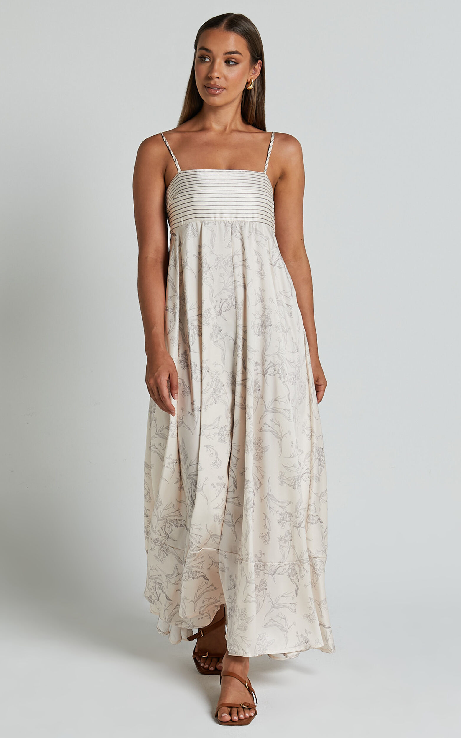 Stefania Midi Dress - Strappy Straight Neck Tiered Dress in Champange Print - 06, NEU1