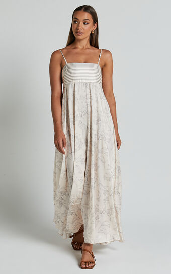 Stefania Midi Dress - Strappy Straight Neck Tiered Dress in Champange Print