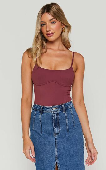 Daramie Bodysuit - Underbust Detail Bodysuit in Burgundy