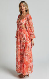 Deborah Midi Dress - Ballon Sleeve V Neck Side Cut Out Dress in Orange ...