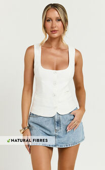 Nalfie Top -  Linen Wide Scoop Neck Fitted Vest Top in White