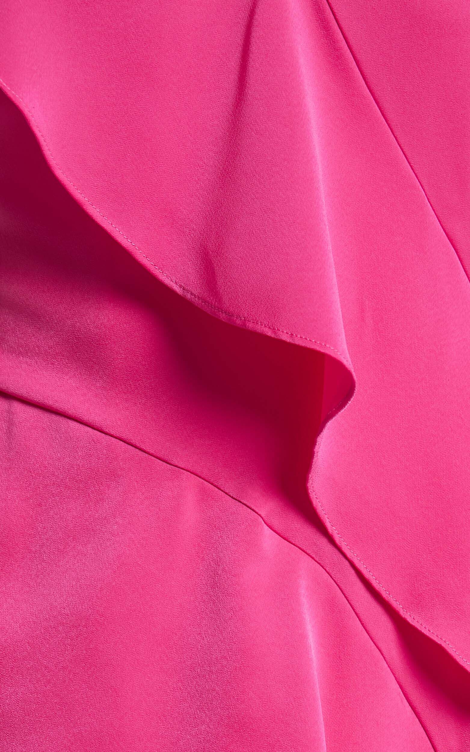 Eileen Midi Dress - V Neck Soft Ruffle Tiered Satin Dress in Hot Pink | Showpo USA