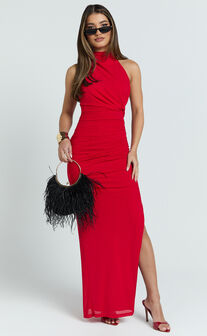 Francis Maxi Dress - Halter Ruched Backless Dress in Red