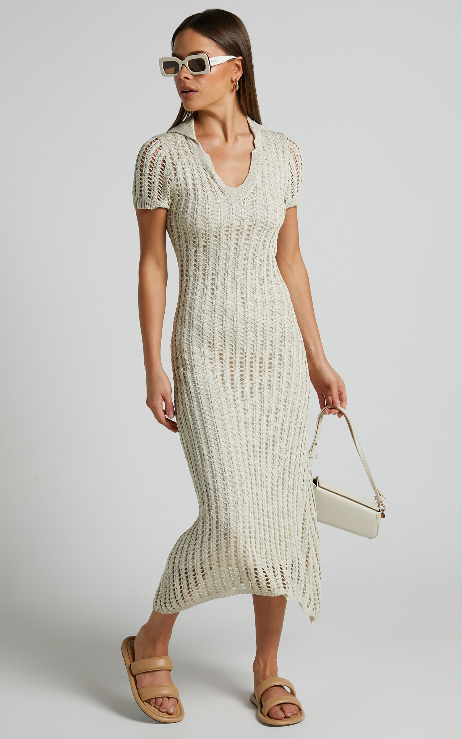 Jolie Midi Dress - Crochet Collared Short Sleeve Dress in Cream