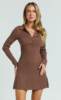 Lara Mini Dress - Long Sleeve Collared Placket Knit Dress in Brown