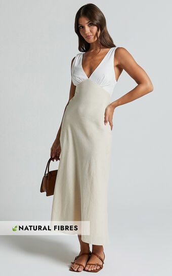 Dovie Midi Dress - Linen Look V Neck Low Back Cut Out Flare Dress in Beige and White