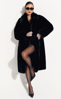 Maxwell Coat - Long Line Faux Fur Coat in Black
