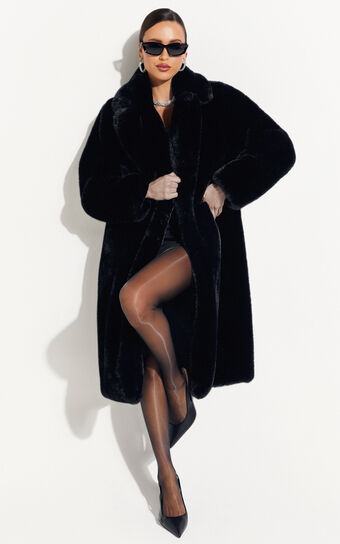 Maxwell Coat - Long Line Faux Fur Coat in Black 