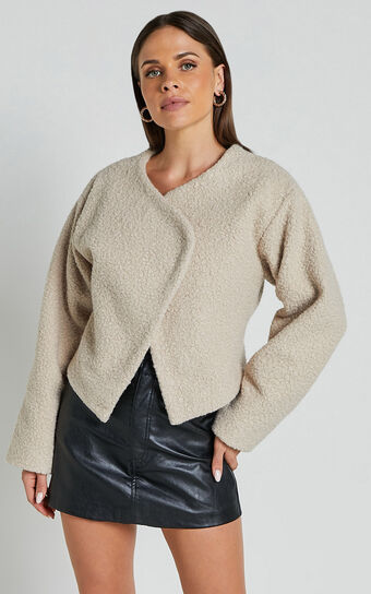 Mayvie Jacket - Collarless Long Sleeve Wool Look Jacket in Beige Showpo
