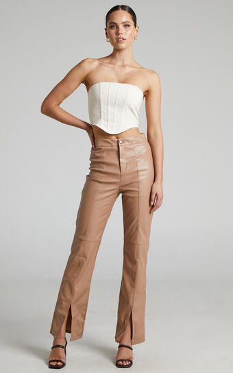 Evanthe Trousers - High Waisted Front Split Faux Leather Trousers in Beige