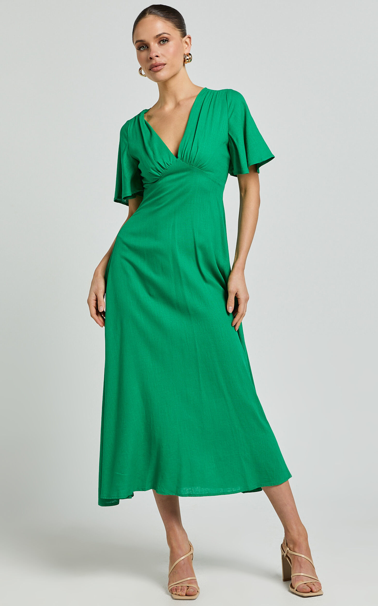 Dakota Midi Dress Linen Look Flutter Sleeve A Line Dress in Green