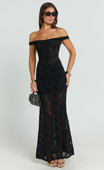 Brenda Maxi Dress - Lace Scoop Neck Keyhole Bodycon Dress in Black