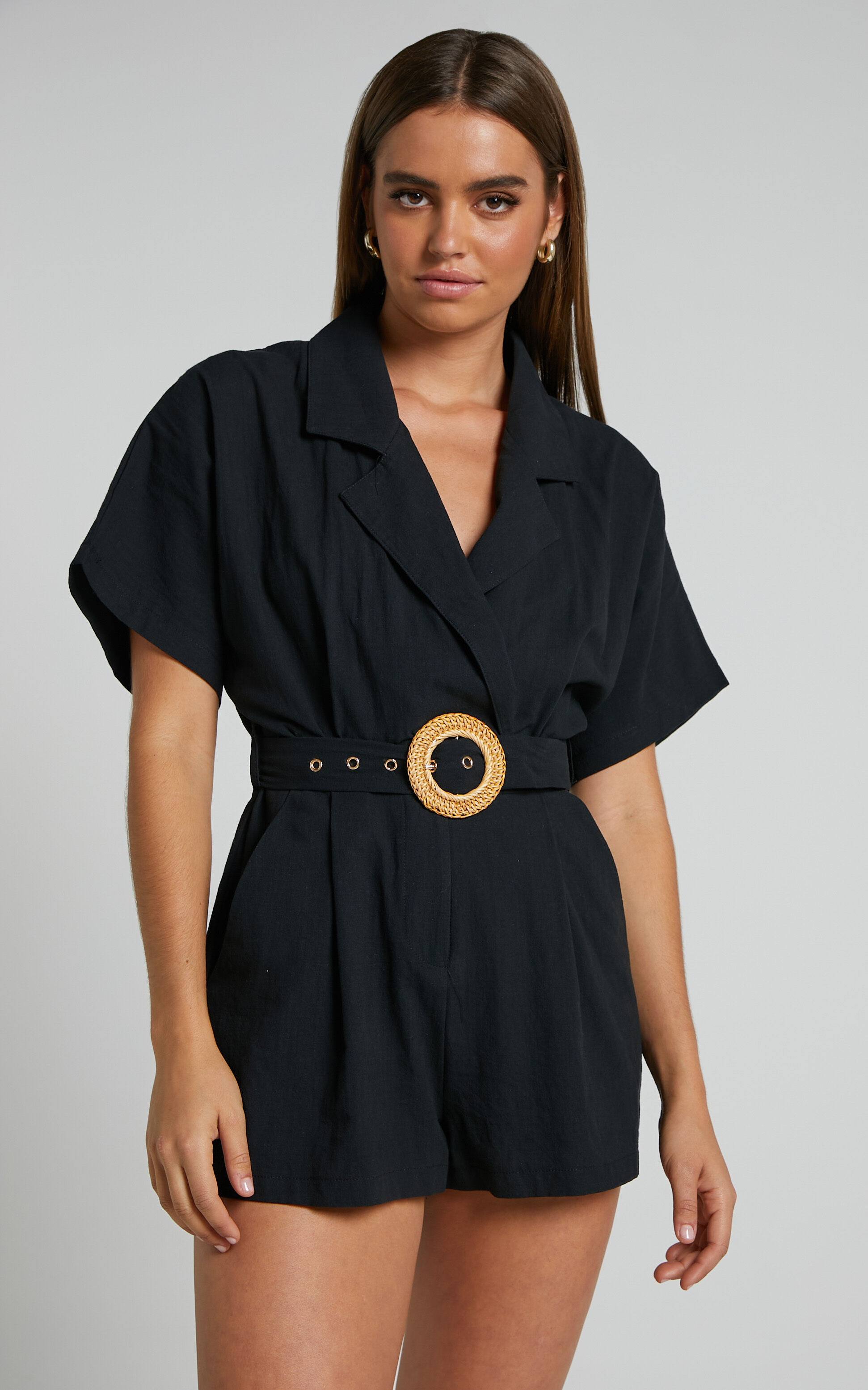 Thaisa Playsuit Short Sleeve Collared Belted Playsuit in Black