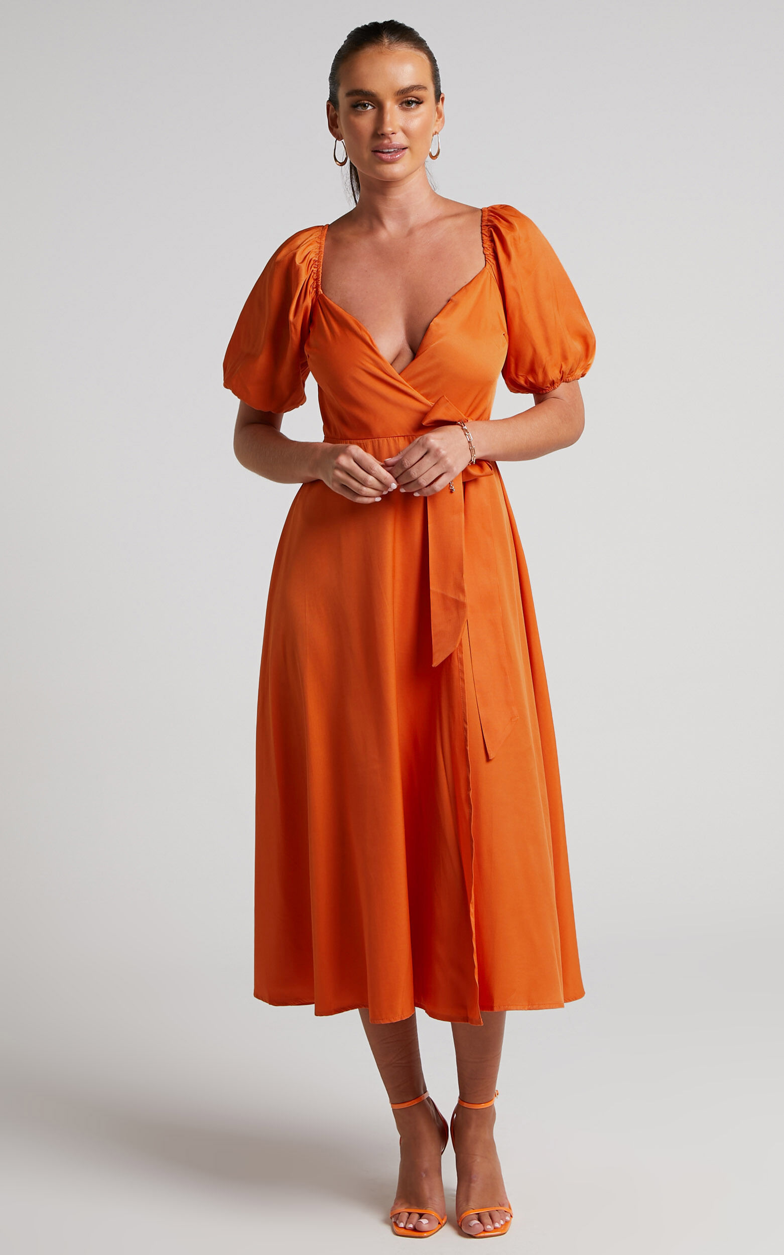 Orange wrap midi store dress