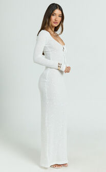 Laine Maxi Dress - Sequin Lace Wide Scoop Neck Long Sleeve Column Dress in White