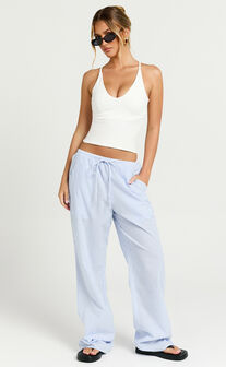 Harlo Pants - Mid Waisted Relaxed Leg Stripe Pants in Blue/ White