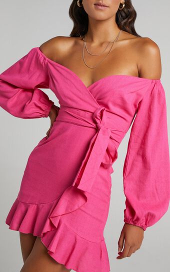 Cant Move On Off Shoulder Mini Dress in Hot Pink Linen Look