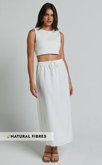 Bree Midi Skirt - Tie Waist Linen Look A Line Skirt in White