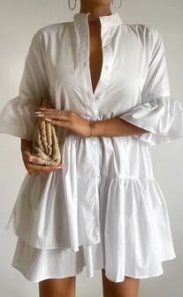Elowen Mini Dress - Button Up Asymmetrical Tiered Smock Dress in White