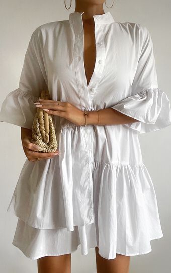 Elowen Mini Dress Button Up Asymmetrical Tiered Smock in White 