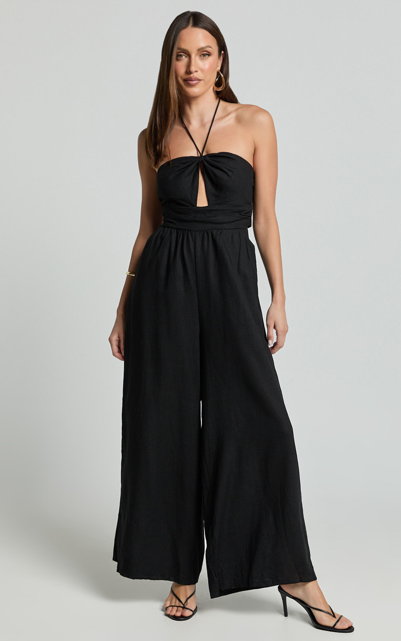 Isla Jumpsuit - Linen Look Halter Neck Jumpsuit in Black | Showpo USA