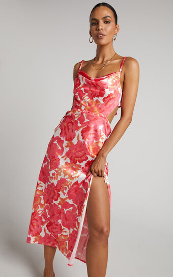 Loran Midi Dress - Cowl Neck Satin Slip Dress in Peony Blossom