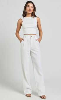 Kiraye Pants - Linen Look High Waist Tailored Pants in Off White