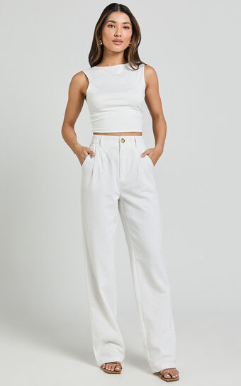 Kiraye Pants - Linen Look High Waist Tailored Pants in Off White