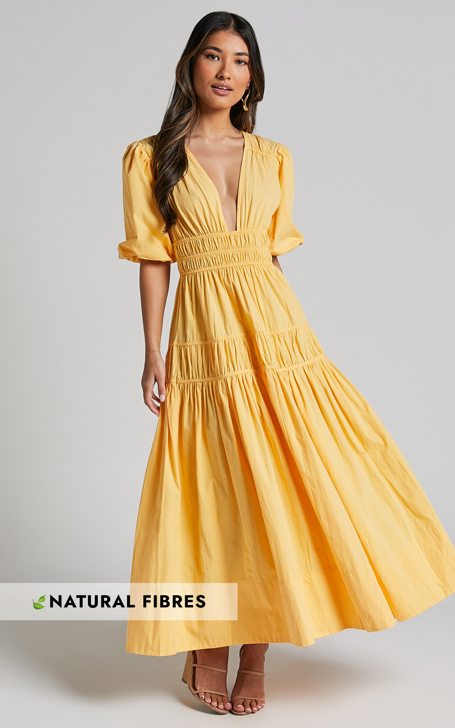 Mellie Midi Dress - Puff Sleeve Plunge Tiered Dress in Pineapple - 12, YEL1