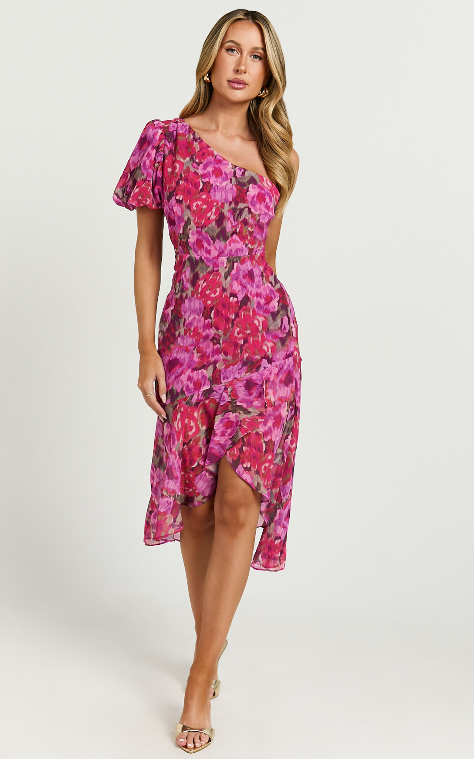 Clabelle Midi Dress One Shoulder Ruffle Tulip Hem Dress in Violette Blur Floral