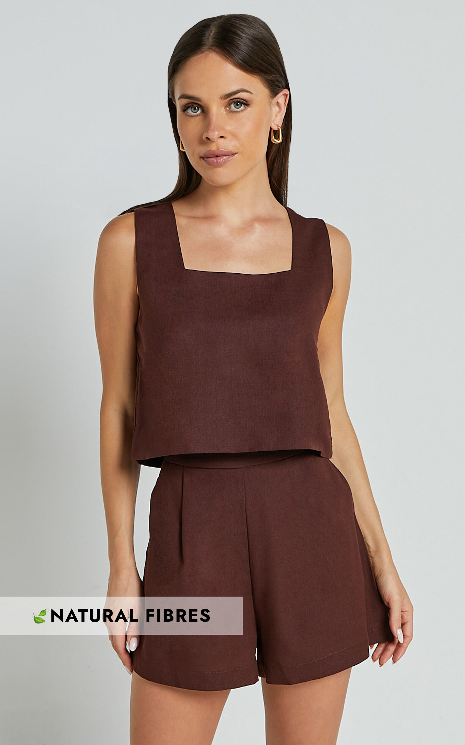 Marley Two Piece Set - Square Neck Top & Short Linen Set in Chocolate - 06, BRN1