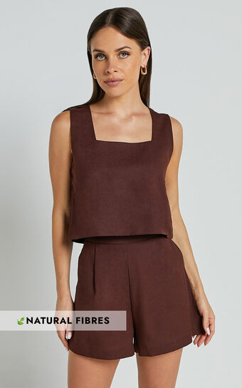 Marley Two Piece Set - Square Neck Top & Short Linen Set in Chocolate