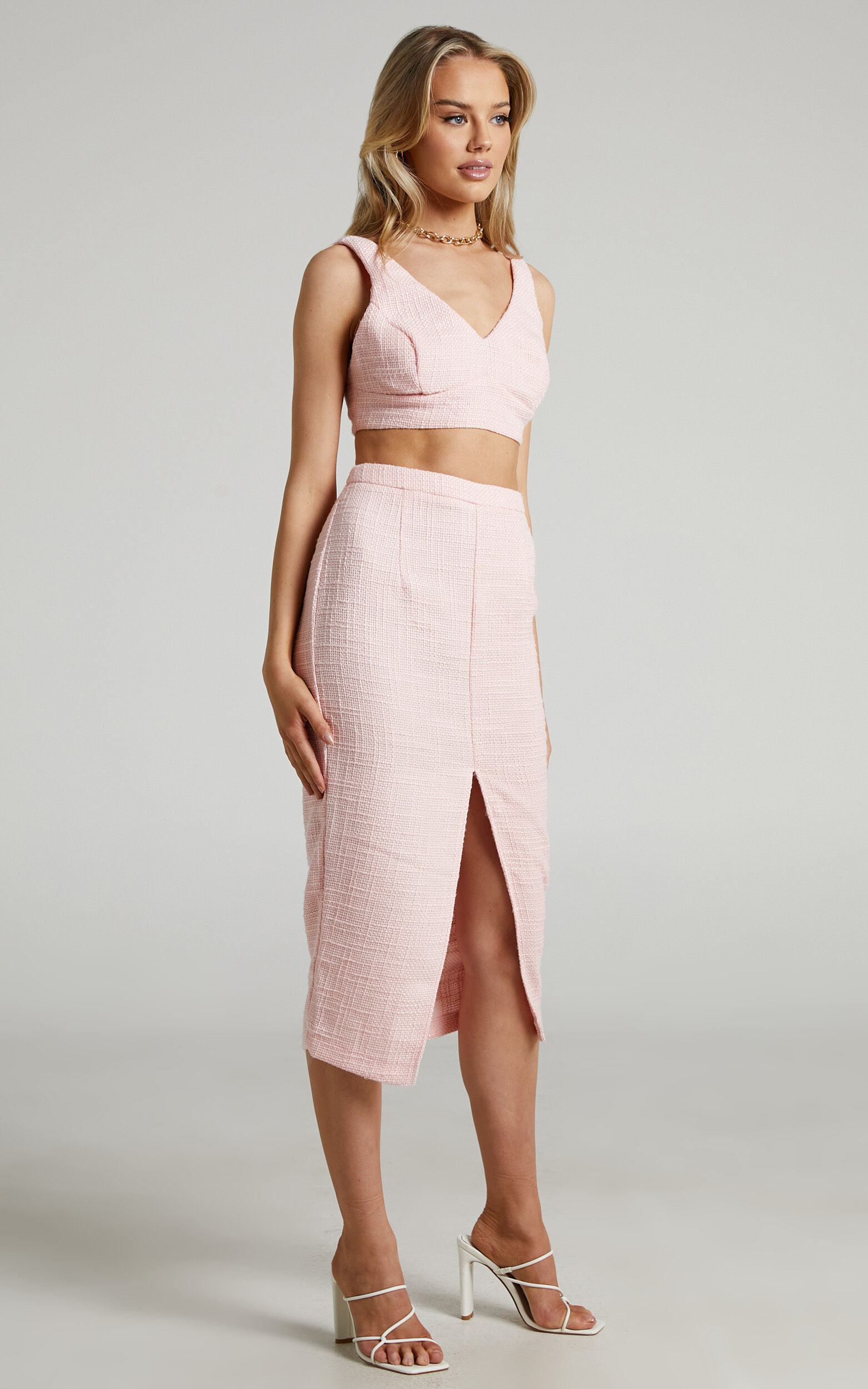 Pink tweed store midi skirt