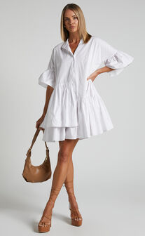 Elowen Mini Dress - Button Up Asymmetrical Tiered Smock Dress in White