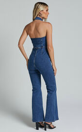 Casidy Jumpsuit - Zip Front Collared Halter Neck Denim in Mid Blue Wash | Showpo USA