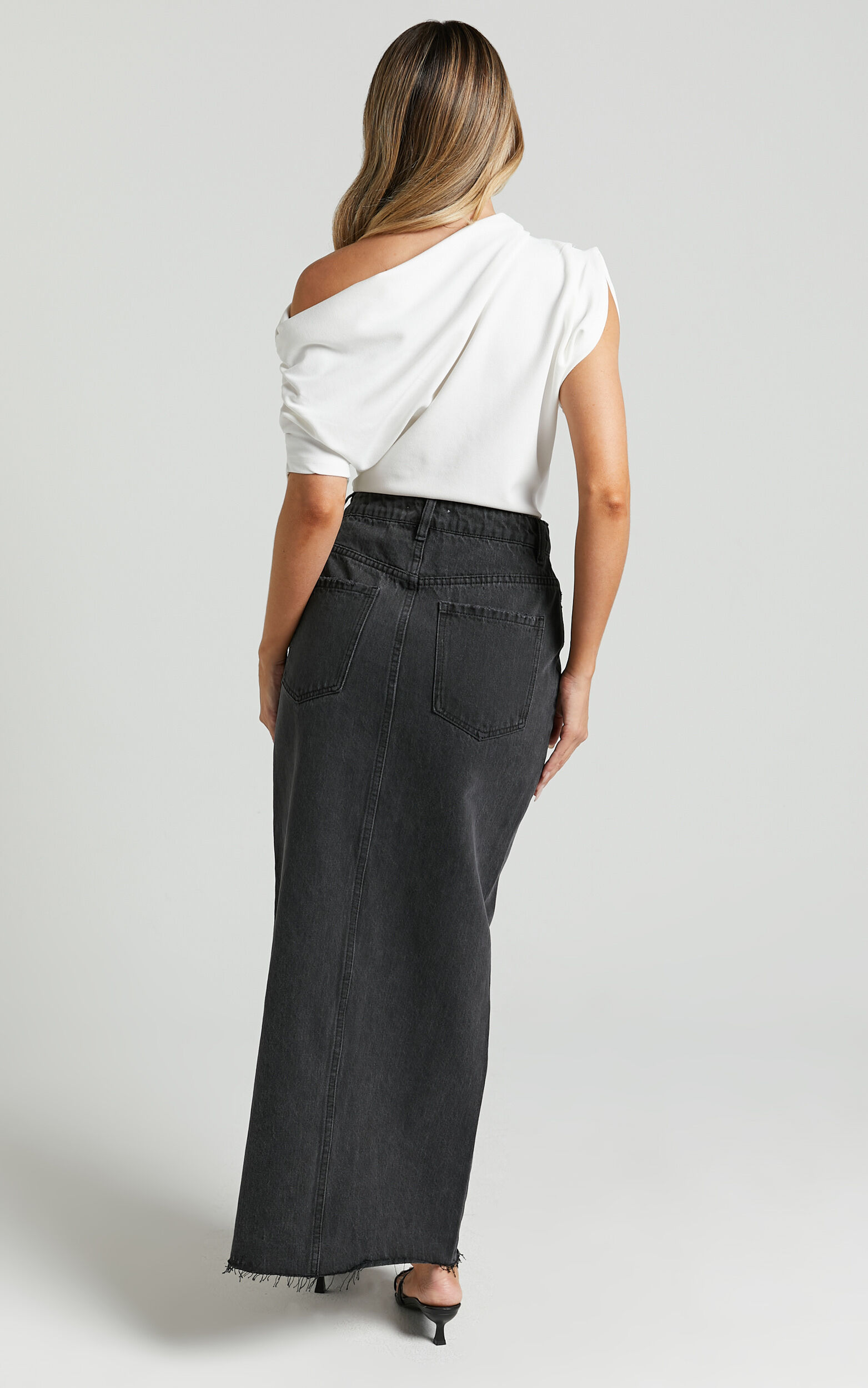 Washed black denim midi skirt 152-329 on sale