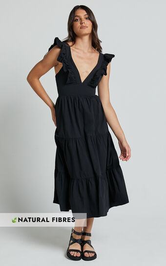 Levona Midi Dress - Ruffle Shoulder Tiered Dress in Black