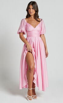 Dorothea Midi Dress - V Neck Puff Sleeve Ruched Bust in Pink