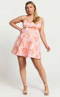 Lauraine Mini Dress - Strappy Straight Neck Back Cut Out Dress in Pink and Orange Floral