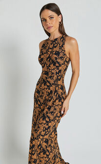 Francis Midi Dress - High Neck Slip Dress in Brown Floral