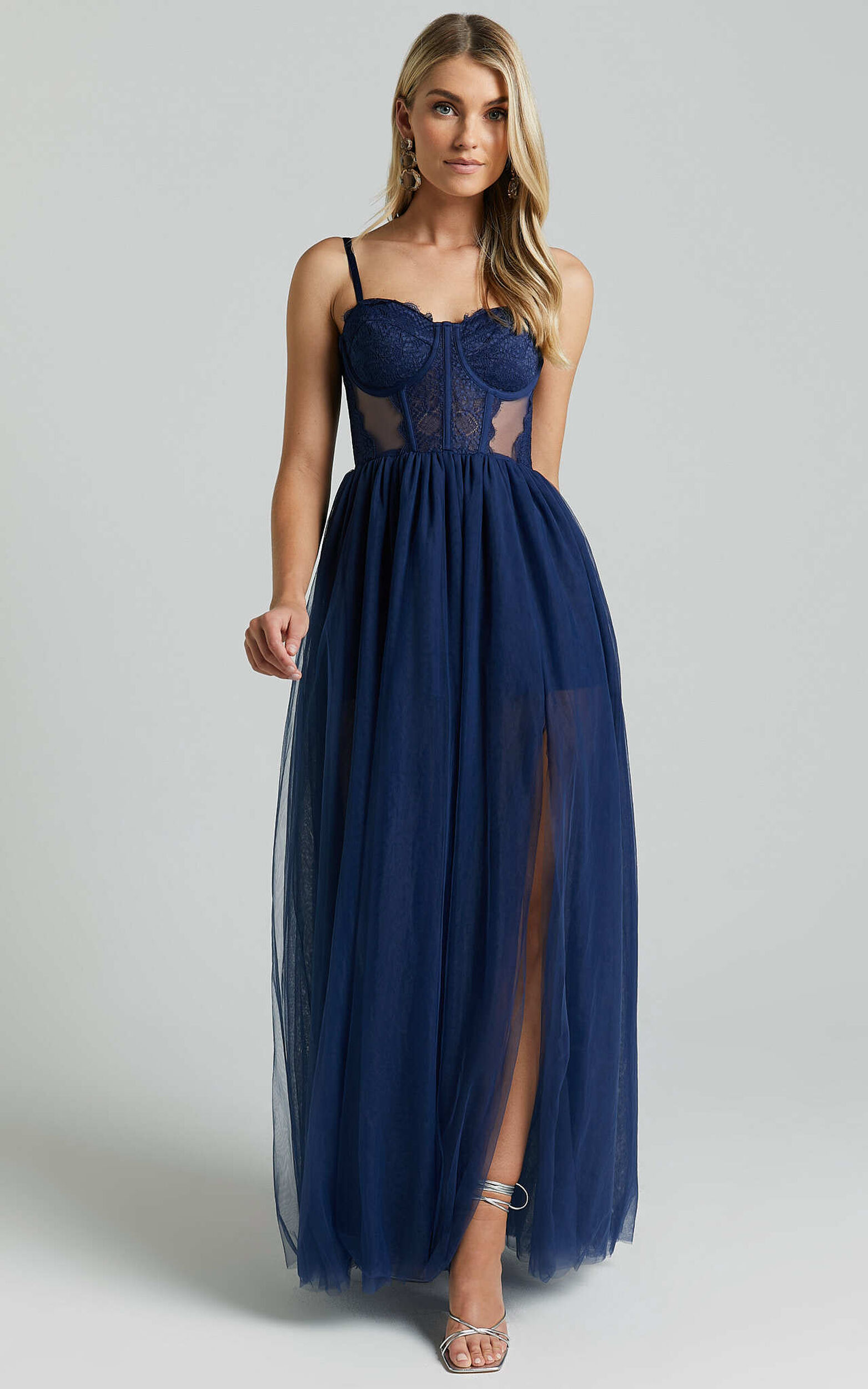 Audrie Midi Dress - Lace Corset Tulle Dress in Navy - 04, NVY1