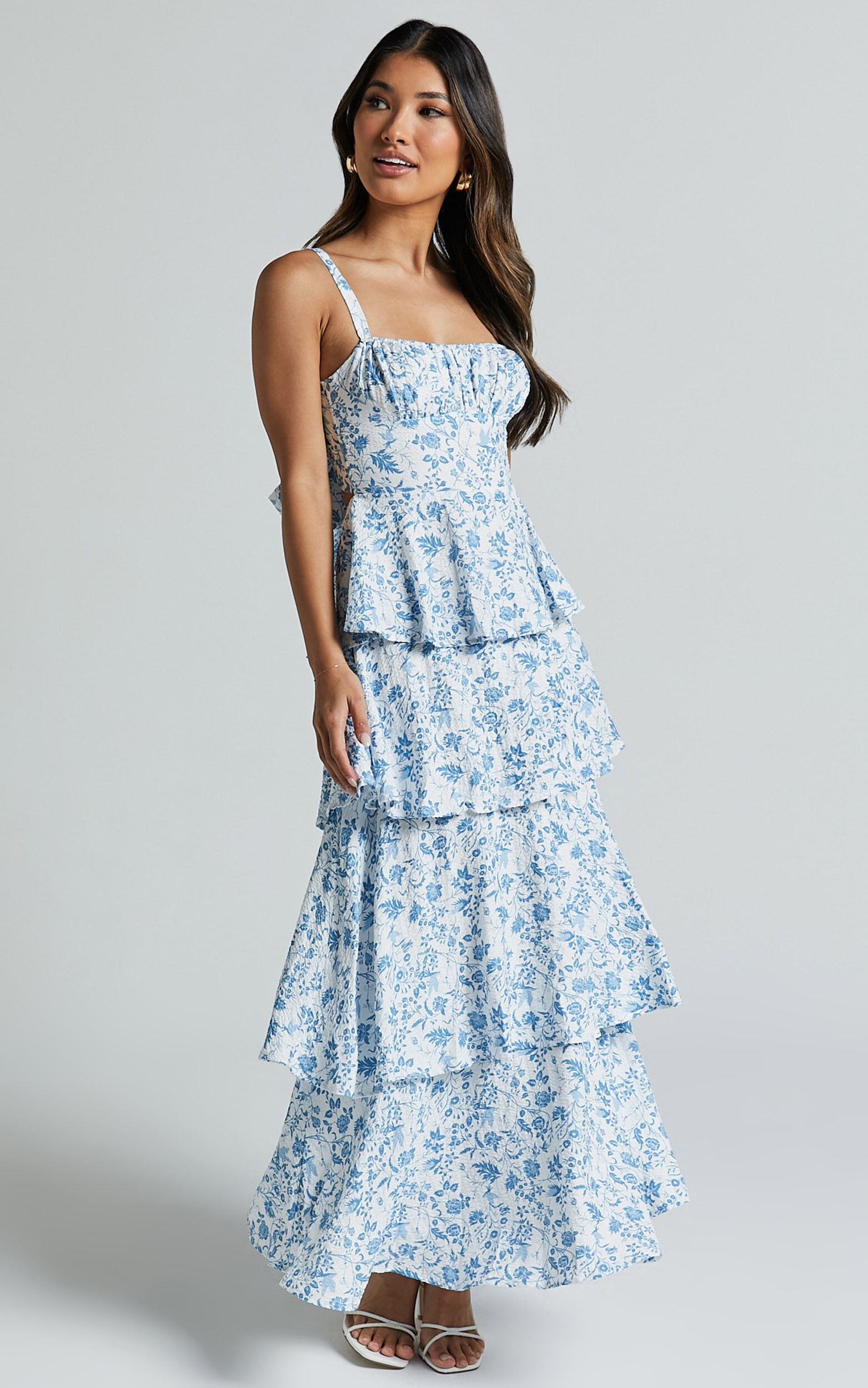 Lorma Midi Dress Ruched Layered Dress in Blue Floral Showpo NZ