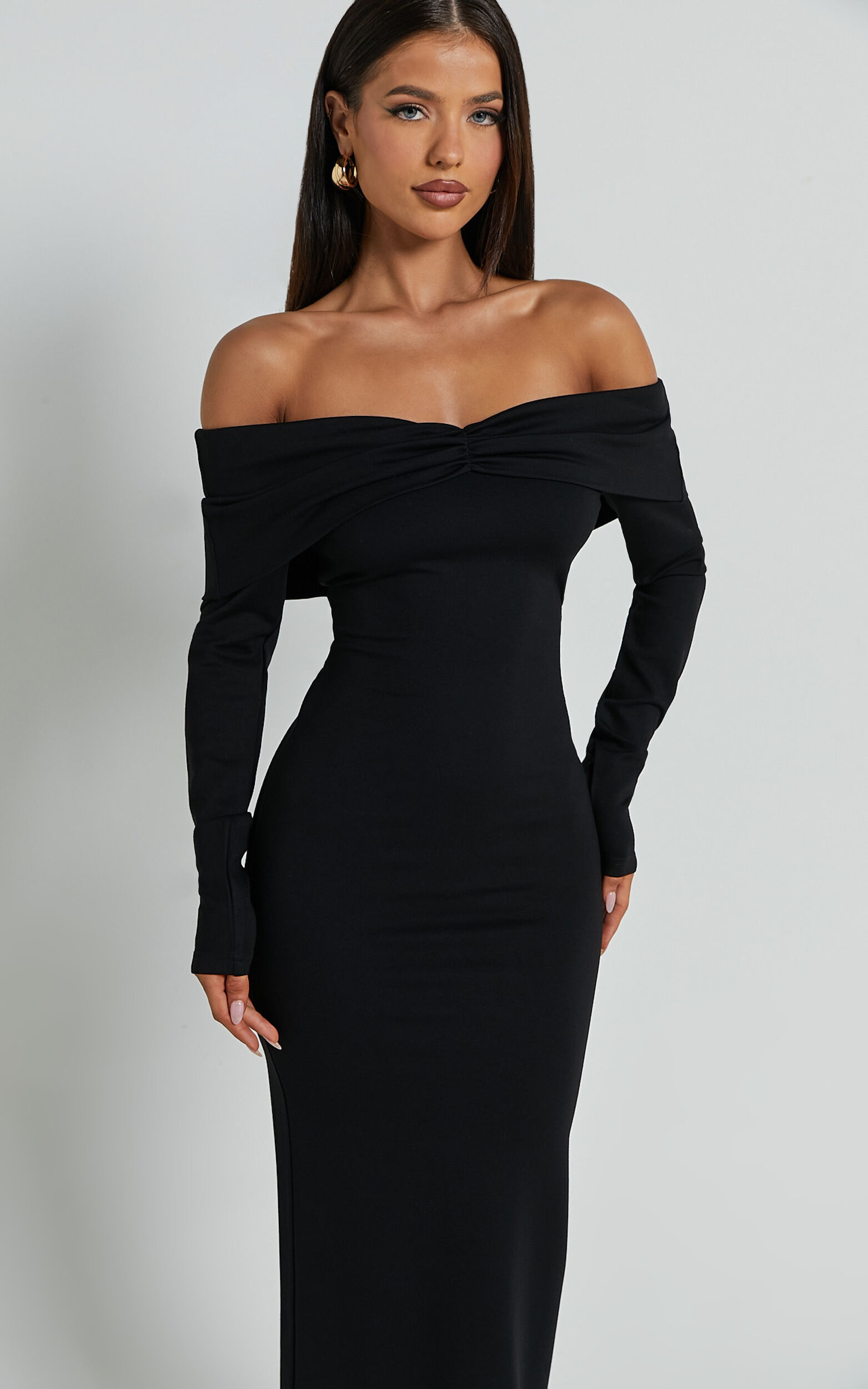 Rani Midi Dress Off Shoulder Long Sleeve Bodycon Dress in Black Showpo USA